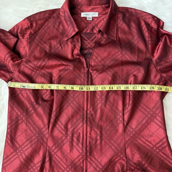 Coldwater Creek Red Zip Front Blouse PXL Plaid Collar Holiday Christmas Shiny - Picture 4 of 11